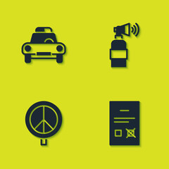 Set Police car and flasher, Poll document, Peace and Air horn icon. Vector
