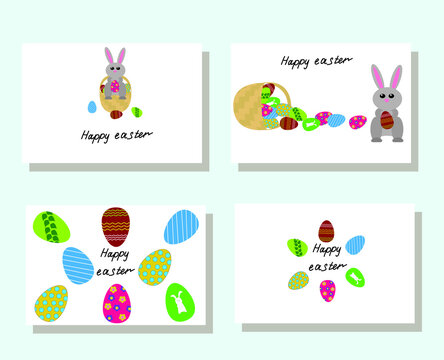 A set of gift cards for the Easter holiday with a rabbit, a basket, painted eggs. Vector stock illustration.