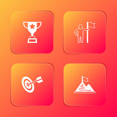 Set Award cup, Man holding flag, Target and Mountains with icon. Vector