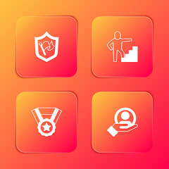Set Shield with flag, Stair finish, Medal and Hand for search people icon. Vector
