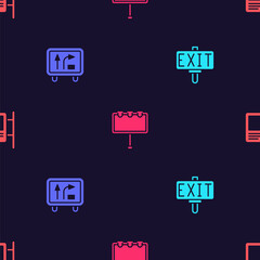Set Fire exit, Road traffic sign, Billboard with lights and on seamless pattern. Vector