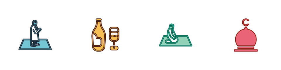 Set Muslim man prays, Wine bottle with glass, and Mosque icon. Vector