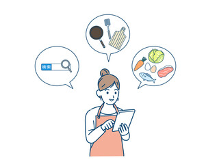 タブレットを使う主婦　女性　調理法　料理　インターネット　検索　調べる　イラスト素材