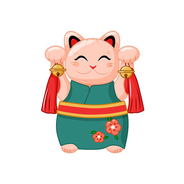 Maneki neko in a kimono. Japanese cat for good luck. Vector illustration. Vector illustration