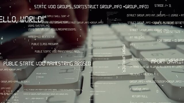 Creative visual of computer programming coding and software development shown by man working on computer keyboard with overlay of computer graphic displaying abstract program codes and computer script