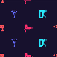 Set Construction stapler, Electrical hand concrete mixer, jigsaw and cordless screwdriver on seamless pattern. Vector