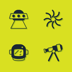 Set UFO flying spaceship, Telescope, Astronaut helmet and Black hole icon. Vector