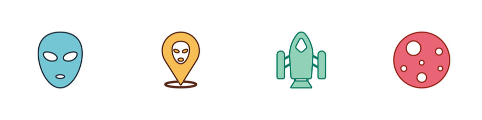 Set Alien, , Rocket ship and Planet Mars icon. Vector