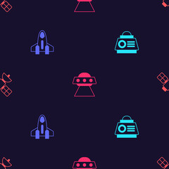 Set Space capsule, Rocket ship, UFO flying spaceship and Satellite on seamless pattern. Vector