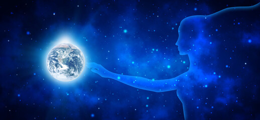 Space woman touches the shining planet Earth on a background of blue stellar universe. 3d illustration. Elements of this image are furnished by NASA