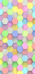 3D image of a decorative panel from multi-colored hexagons. Background and texture