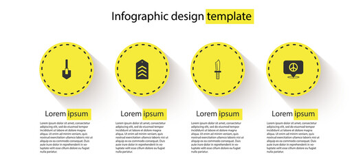 Set Shovel, Chevron, Military knife and Location peace. Business infographic template. Vector