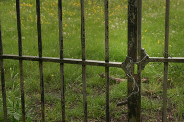 Fragment of an iron gate closed with an iron wire instead of a lock