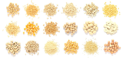 Collection of white and light brown organic cereal and grain seed pile on white background for...