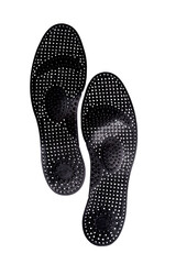 Black orthopedic insoles for athletic shoes isolated on white background.