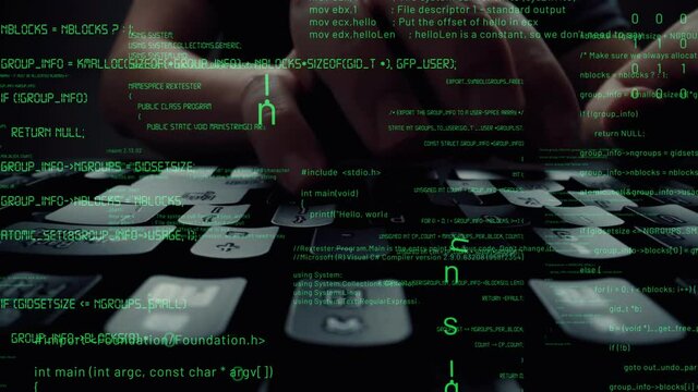 Creative visual of computer programming coding and software development shown by man working on computer keyboard with overlay of computer graphic displaying abstract program codes and computer script