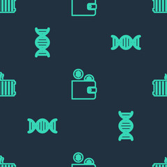 Set line Wallet with coin, DNA symbol and Heating radiator on seamless pattern. Vector