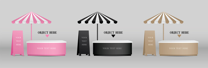 Cute mobile booth collection with parasol and signboard 3d illustration vector for putting your object © PPO