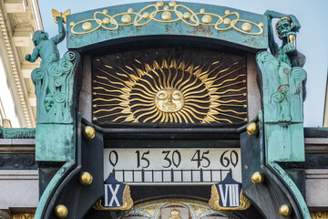 Anker clock (Ankeruhr) in Hoher Markt - famous old astronomical clock in Vienna, Austria. Anker clock represents a typical Art Nouveau design.
