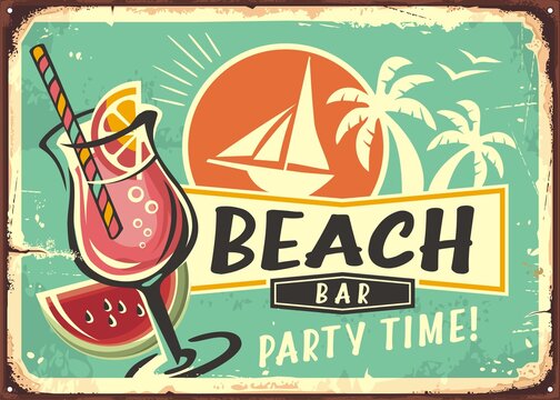 Beach bar cocktail party retro poster layout. Tropical paradise theme with cocktail glass drink, sailboat and palm trees. Summer vacation vintage sign design.