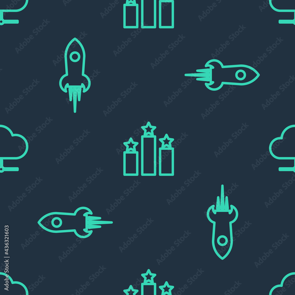 Aufkleber set line ranking star, rocket ship with fire and network cloud connection on seamless pattern. vecto