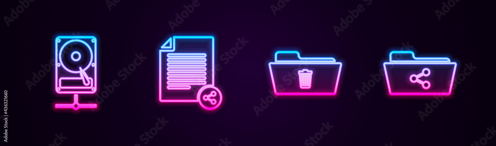 Poster set line hard disk drive on sharing network, share file, delete folder and . glowing neon icon. vect