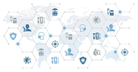 Worldwide covid vaccination program and infection prevention measures – vector illustration. Concept with world map related to international or global corona virus vaccine treatment effort.