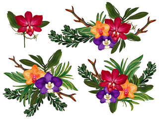 Tropical plants exotic Orchid bouquet foliage blossom botanical greenery  elegance modern festive frame border label