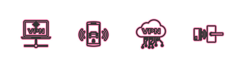 Set line VPN Computer network, Cloud interface, Smart car alarm system and Digital door lock with wireless icon. Vector