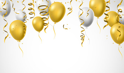 Birthday celebration backgrounds. white, yellow, glitter gold balloons and golden foil confetti. Vector illustration