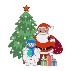 Santa Claus, snowman and Christmas tree. New year and merry christmas concept. Flat illustration. Cartoon style. Can be used as a collage for postcards, stickers, magnets, book illustrations.
