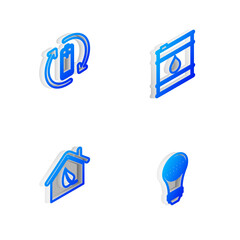 Set Isometric line Oil barrel, Battery with recycle, Eco friendly house and Light bulb world globe icon. Vector