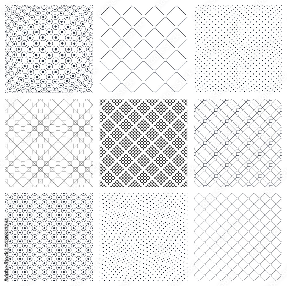 Poster minimal simple geometric seamless patterns set, vector abstract backgrounds with lines and dots, wal