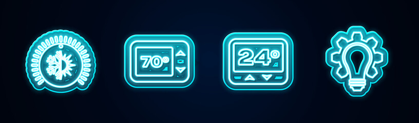 Set line Thermostat, , and Light bulb and gear. Glowing neon icon. Vector
