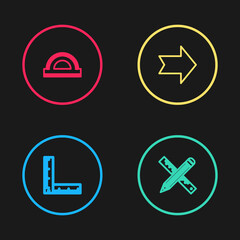 Set line Folding ruler, Crossed and pencil, Arrow and Protractor grid icon. Vector