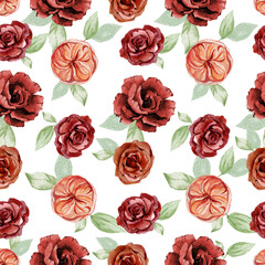 Watercolor burgundy flowers seamless pattern. Hand drawn red, wine, rich rose, peonies, bohemian floral, branches, leaves, foliage. Fall boho autumn wrapping paper, textile fabric.