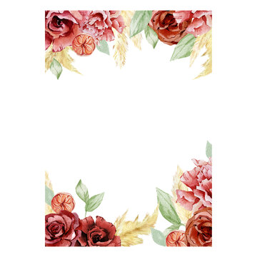 Watercolor card burgundy flowers border frame. Hand drawn banner red, wine, rich rose, peonies, bohemian floral banner, branches, leaves, foliage. Fall boho autumn for wedding card, bridal card.
