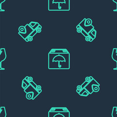 Set line Delivery package with umbrella, tracking and Fragile broken glass on seamless pattern. Vector