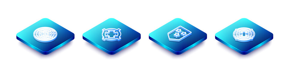Set Isometric line Radar with targets, Target sport, Chevron and icon. Vector