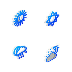 Set Isometric line Sun, Eclipse of the sun, Cloud with rain and moon and stars icon. Vector