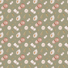 Squared seamless pattern asian food soup ramen and miso isolate on green background. Textured watercolor digital art. Print for fabric, menu, packaging, restaurant, banner, poster