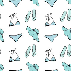 Summer beach seamless pattern. Ladies summer swimsuit, woman slippers and  sun hat as design elements. Most popular clothing on vacation. Hand drawn sketch. Line. Colourful background on white.