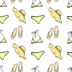 Obraz premium Summer beach seamless pattern. Ladies summer swimsuit, woman slippers and sun hat as design elements. Most popular clothing on vacation. Hand drawn sketch. Line. Colourful background on white.