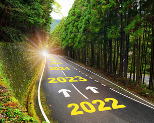 Future ahead from 2022 to 2030 with arrow on highway road and white marking lines in the forest. Business recovery concept and challenge to success idea - obrazy, fototapety, plakaty