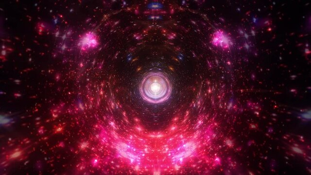 Abstract Interstellar flight, time travel jump in colorful hyper space. 4K 3D Seamless Loop Hyper Tunnel or Wormhole Science Digital Background. Singularity, gravitational waves and spacetime concept.