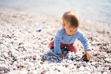 Baby sits on his knees on a pebble beach, holding a pine cone in his hands and looks at it