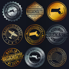 Massachusetts, USA Business Metal Stamps. Gold Made In Product Seal. National Logo Icon. Symbol Design Insignia Country.