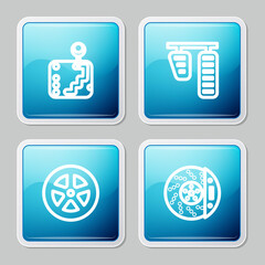 Set line Gear shifter, Car gas and brake pedals, wheel and disk with caliper icon. Vector