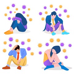 Solitude and depression from social distancing, isolated stay home alone in COVID-19 coronavirus crisis, anxiety from virus infection, Sad unhappy depressed people sit alone with virus pathogens - obrazy, fototapety, plakaty