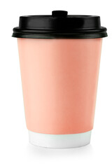 Red Paper Cup With Black Lid Isolated on White Background.